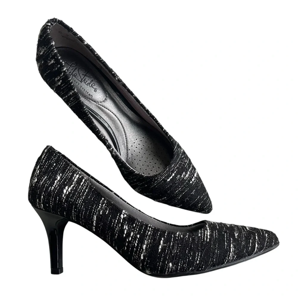 Lifestride Womens 7M Black White Shimmer Tweed Sevyn Flex Pointy Toe Heels Pumps